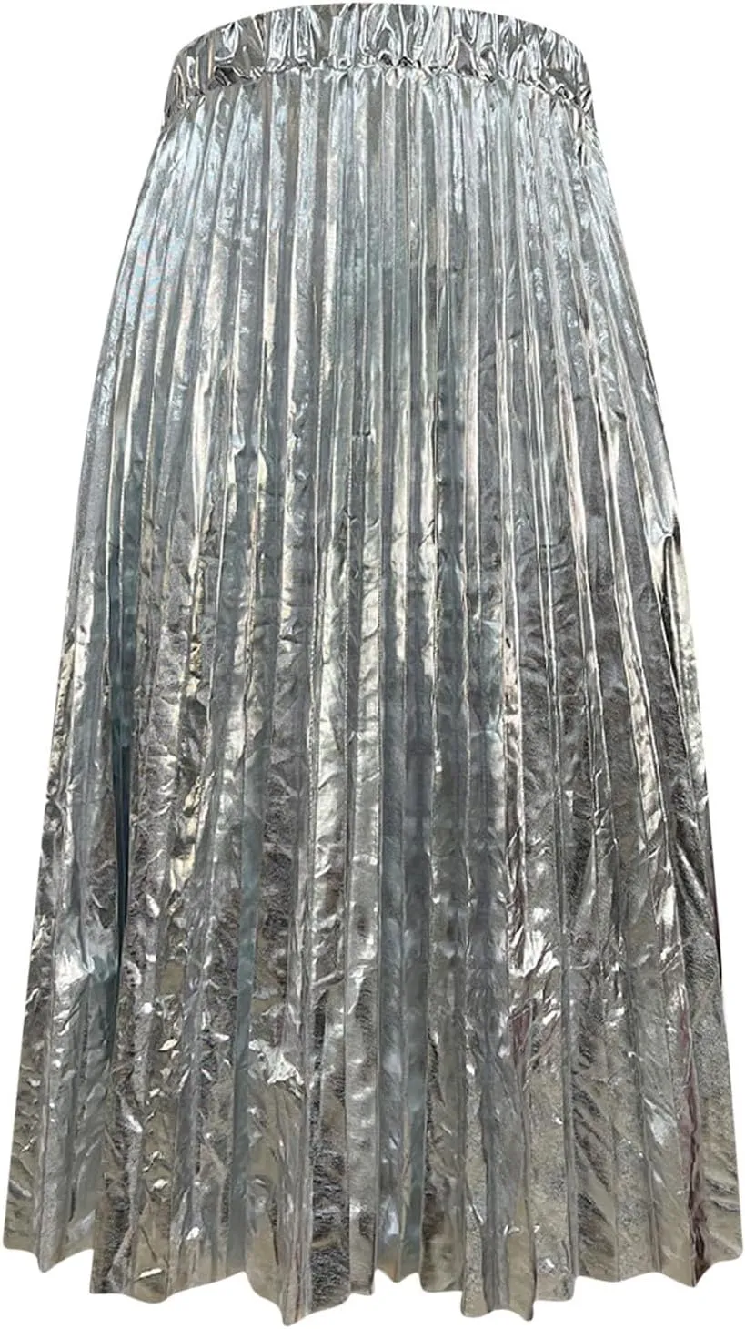 Hot Stamping Shiny Silver Pleated Skirt High Waist A Line Pleated Skirt Girls Plaid Skirt Overalls