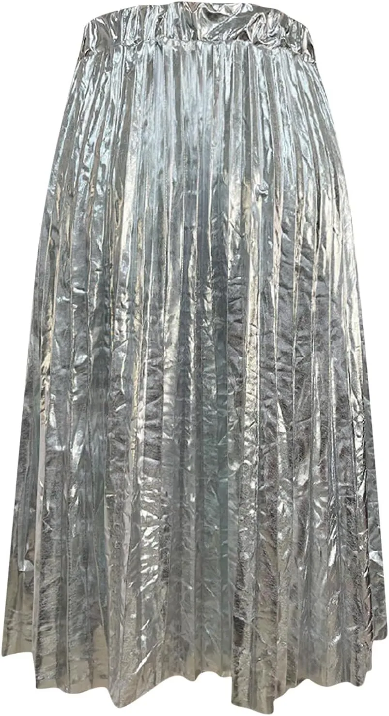 Hot Stamping Shiny Silver Pleated Skirt High Waist A Line Pleated Skirt Girls Plaid Skirt Overalls