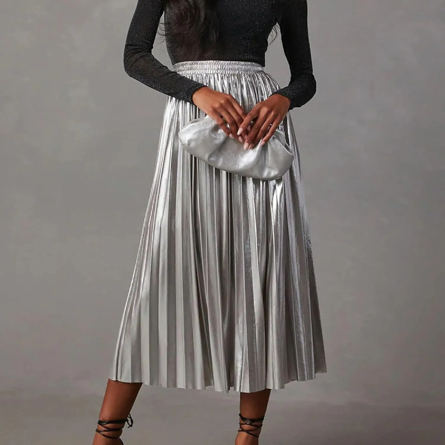 Hot Stamping Shiny Silver Pleated Skirt High Waist A Line Pleated Skirt Girls Plaid Skirt Overalls