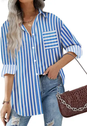 HOTOUCH Women Oversized Button Down Shirts Office Drop Shoulder Blouse Long Sleeve Boyfriend Dress Shirt with Pockets