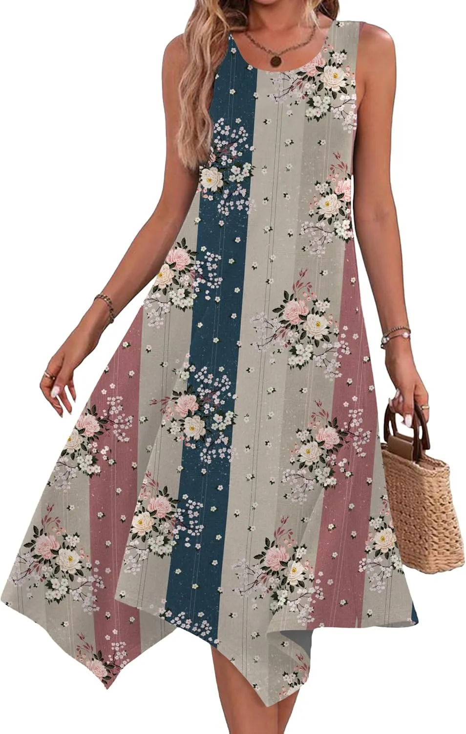 HOTOUCH Women's Casual Summer Dress Sleeveless Sundress Hankerchief Hem Midi Tank Dresses Beach Dress with Pockets