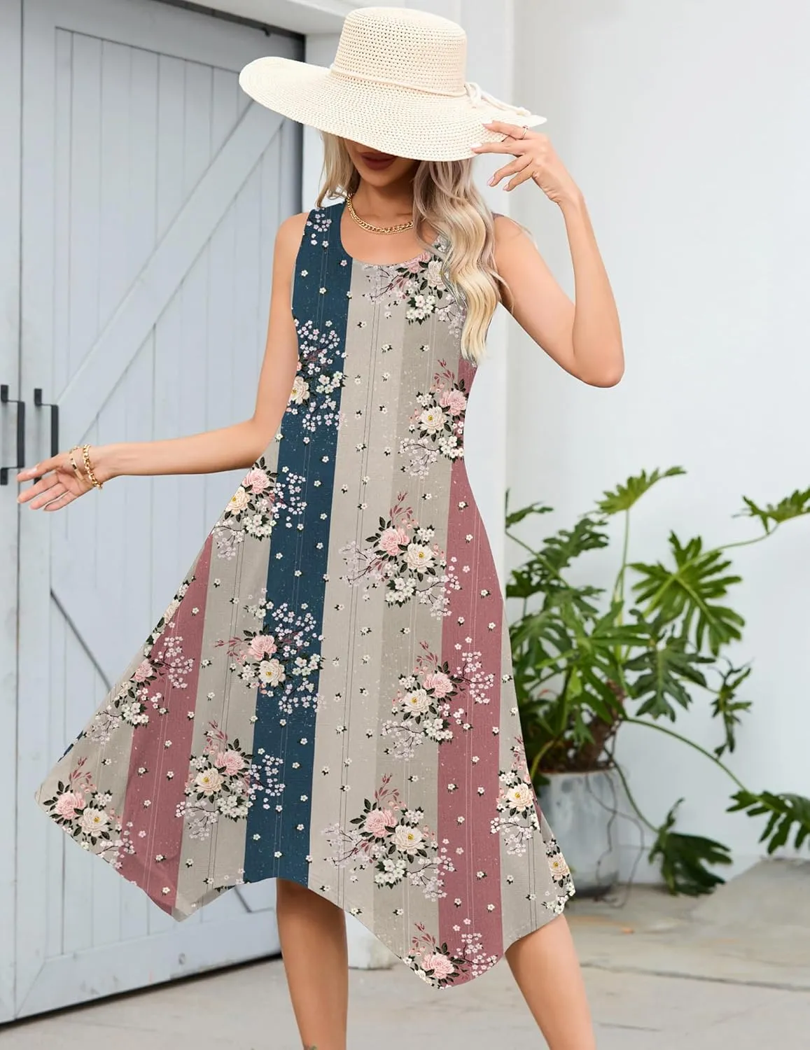 HOTOUCH Women's Casual Summer Dress Sleeveless Sundress Hankerchief Hem Midi Tank Dresses Beach Dress with Pockets