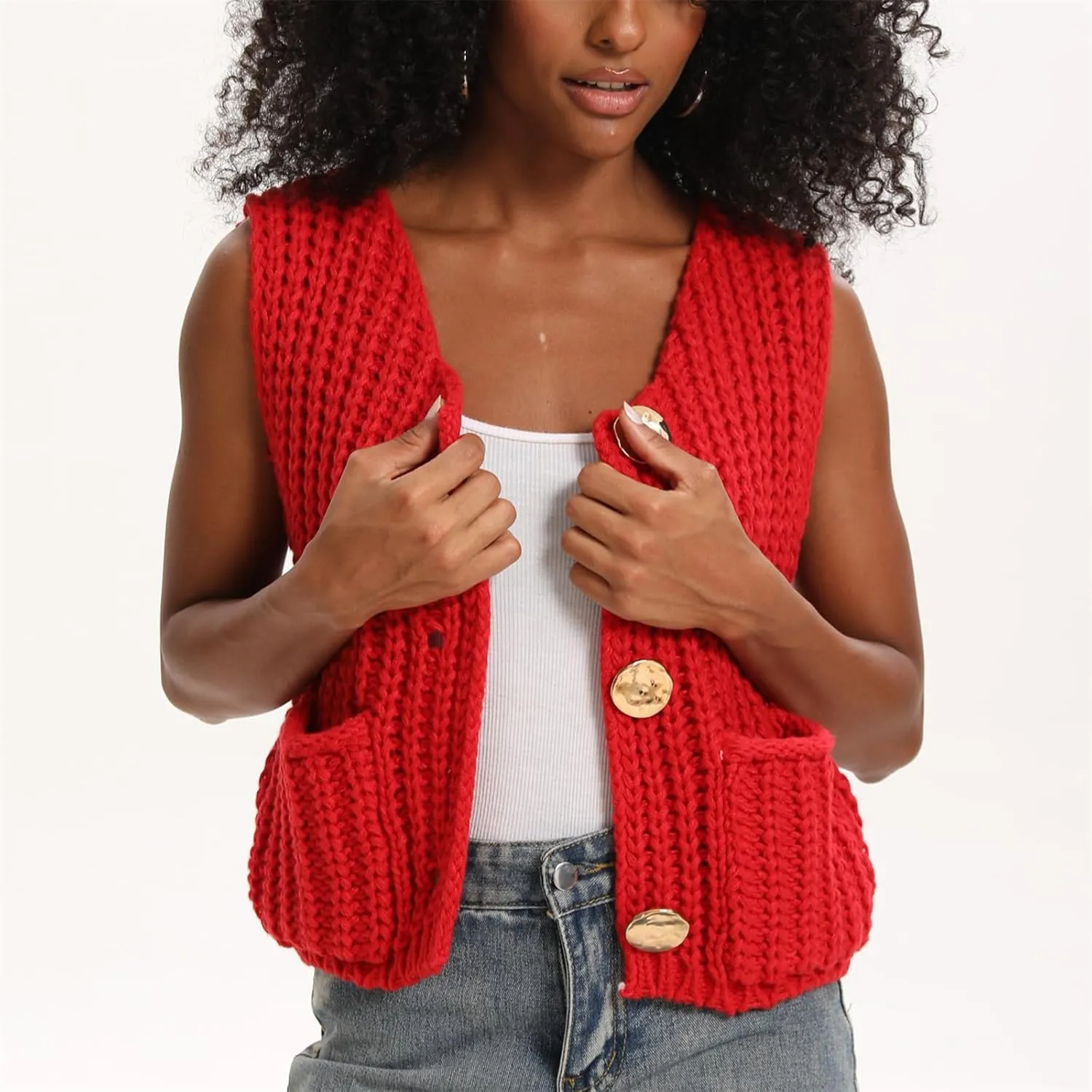 HOULENGS Women's Spring Chunky Sweater Vest 2025 Button Down Sleeveless Knit Top Fashion Cardigan Vest with Pockets
