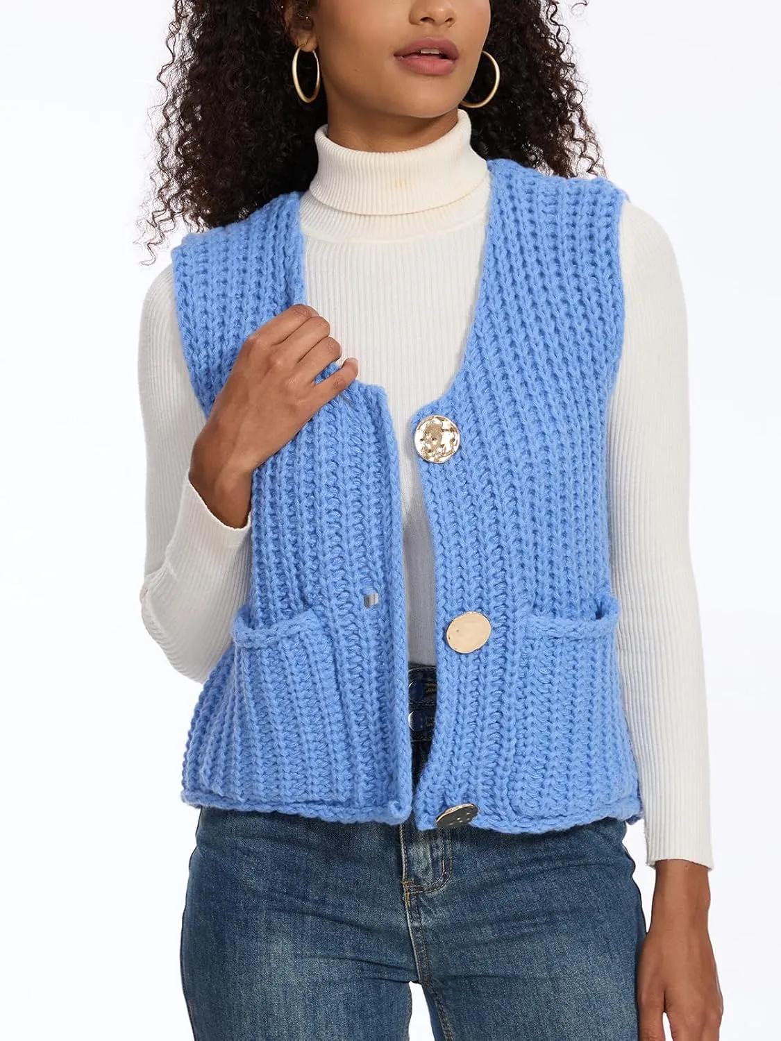 HOULENGS Women's Spring Chunky Sweater Vest 2025 Button Down Sleeveless Knit Top Fashion Cardigan Vest with Pockets