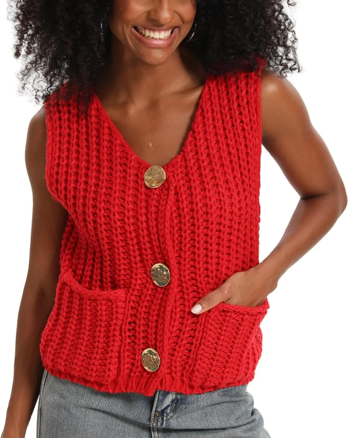 HOULENGS Women's Spring Chunky Sweater Vest 2025 Button Down Sleeveless Knit Top Fashion Cardigan Vest with Pockets
