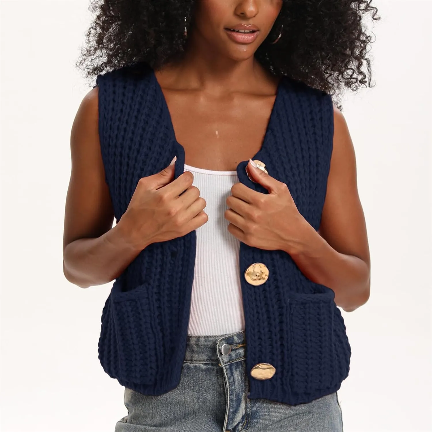 HOULENGS Women's Spring Chunky Sweater Vest 2025 Button Down Sleeveless Knit Top Fashion Cardigan Vest with Pockets