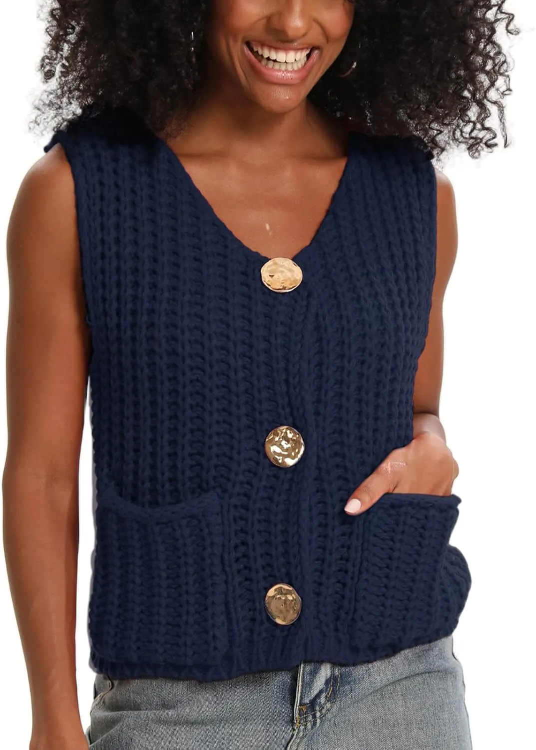 HOULENGS Women's Spring Chunky Sweater Vest 2025 Button Down Sleeveless Knit Top Fashion Cardigan Vest with Pockets