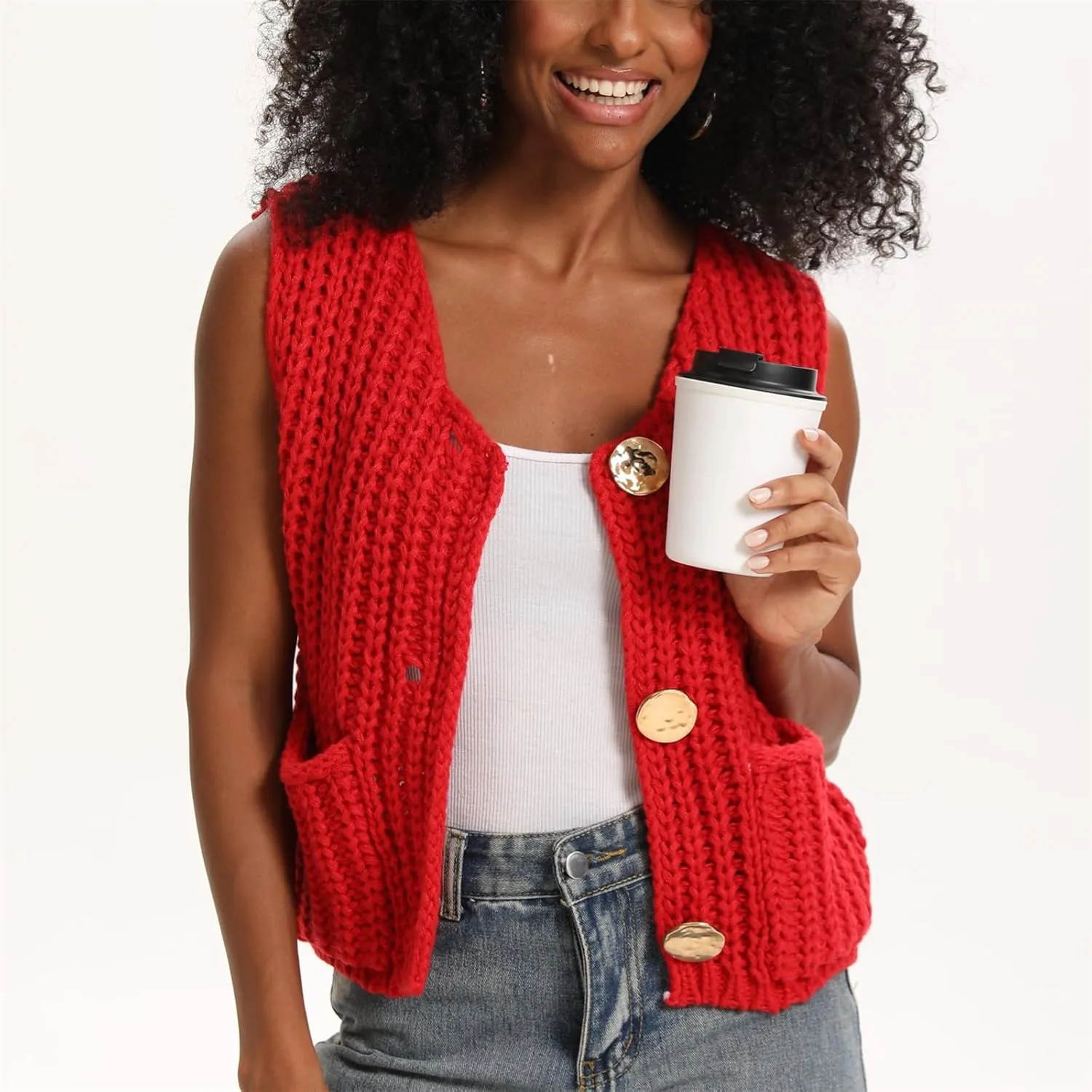 HOULENGS Women's Spring Chunky Sweater Vest 2025 Button Down Sleeveless Knit Top Fashion Cardigan Vest with Pockets
