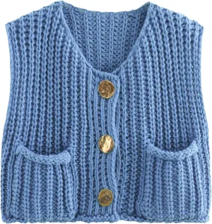 HOULENGS Women's Spring Chunky Sweater Vest 2025 Button Down Sleeveless Knit Top Fashion Cardigan Vest with Pockets