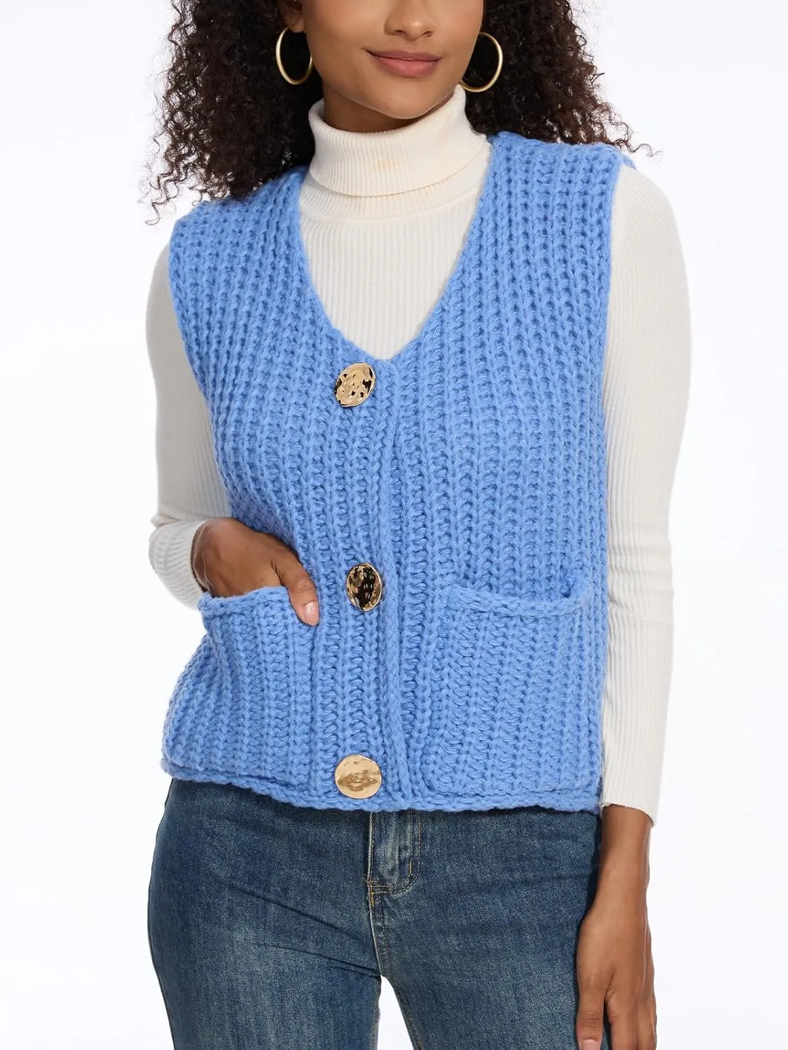 HOULENGS Women's Spring Chunky Sweater Vest 2025 Button Down Sleeveless Knit Top Fashion Cardigan Vest with Pockets