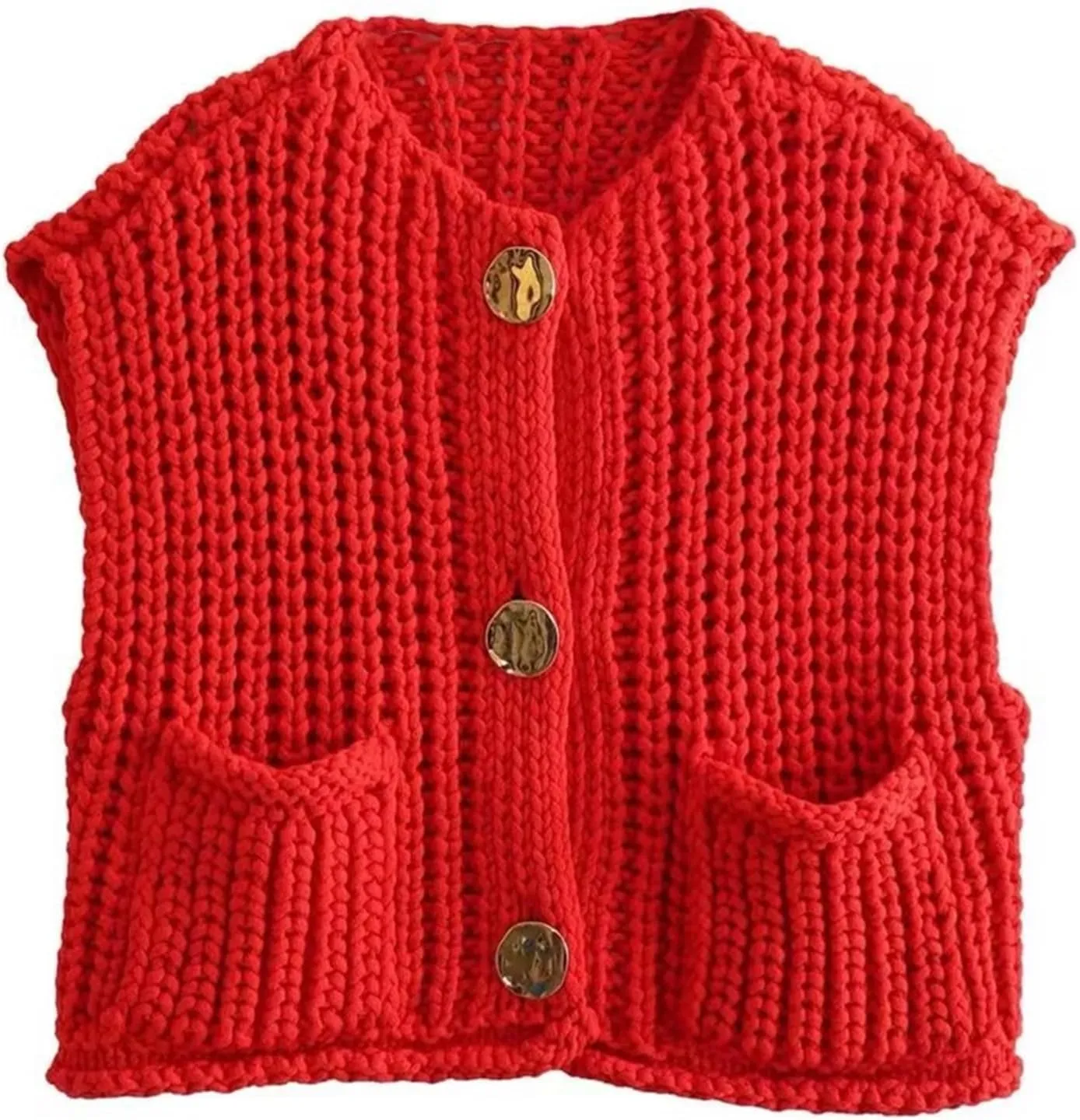 HOULENGS Women's Spring Chunky Sweater Vest 2025 Button Down Sleeveless Knit Top Fashion Cardigan Vest with Pockets
