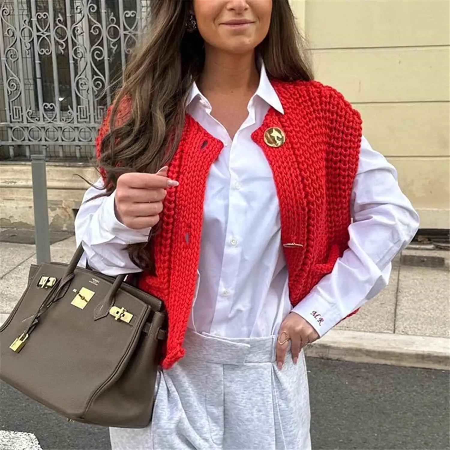 HOULENGS Women's Spring Chunky Sweater Vest 2025 Button Down Sleeveless Knit Top Fashion Cardigan Vest with Pockets