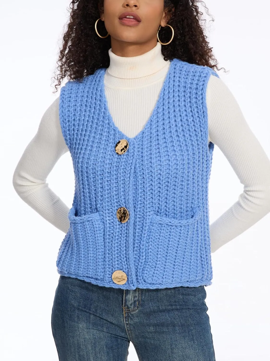 HOULENGS Women's Spring Chunky Sweater Vest 2025 Button Down Sleeveless Knit Top Fashion Cardigan Vest with Pockets
