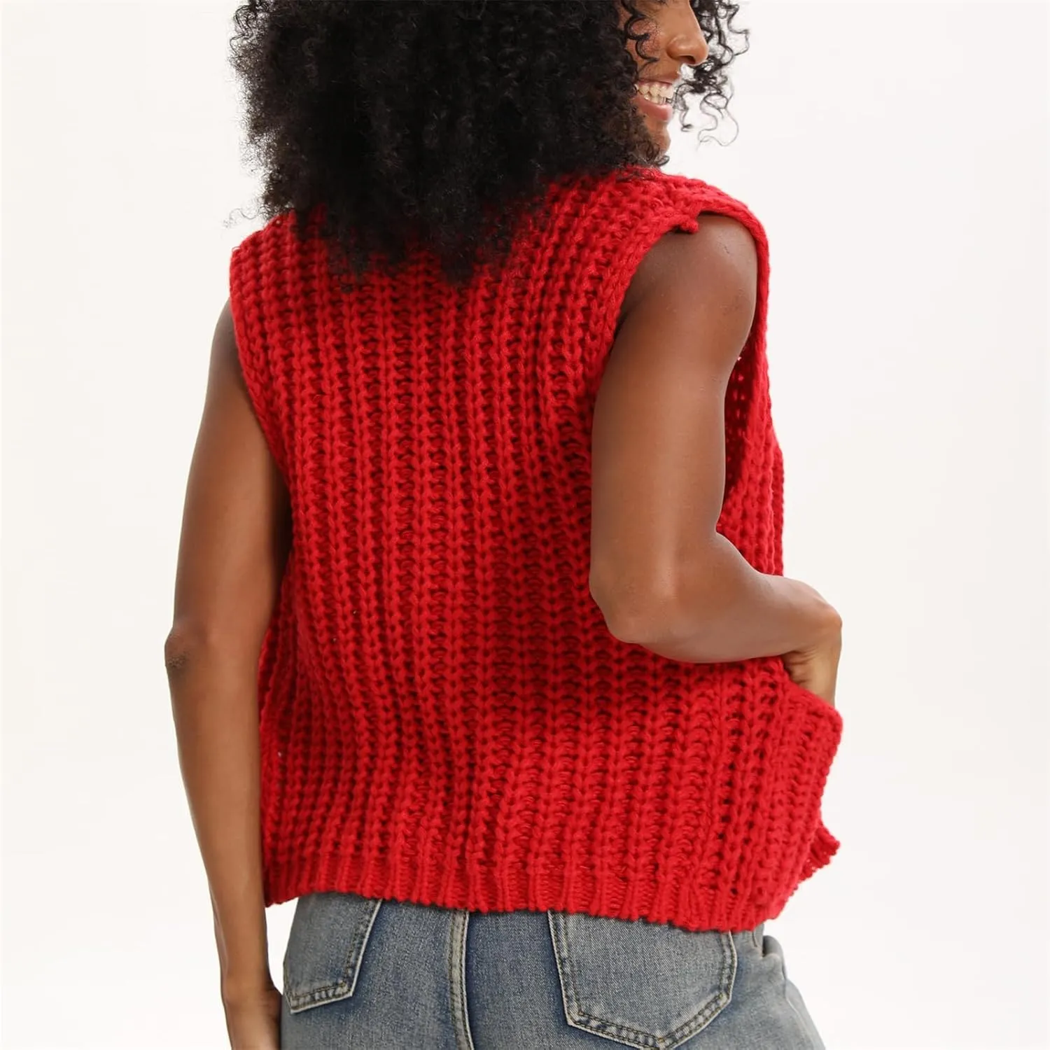 HOULENGS Women's Spring Chunky Sweater Vest 2025 Button Down Sleeveless Knit Top Fashion Cardigan Vest with Pockets