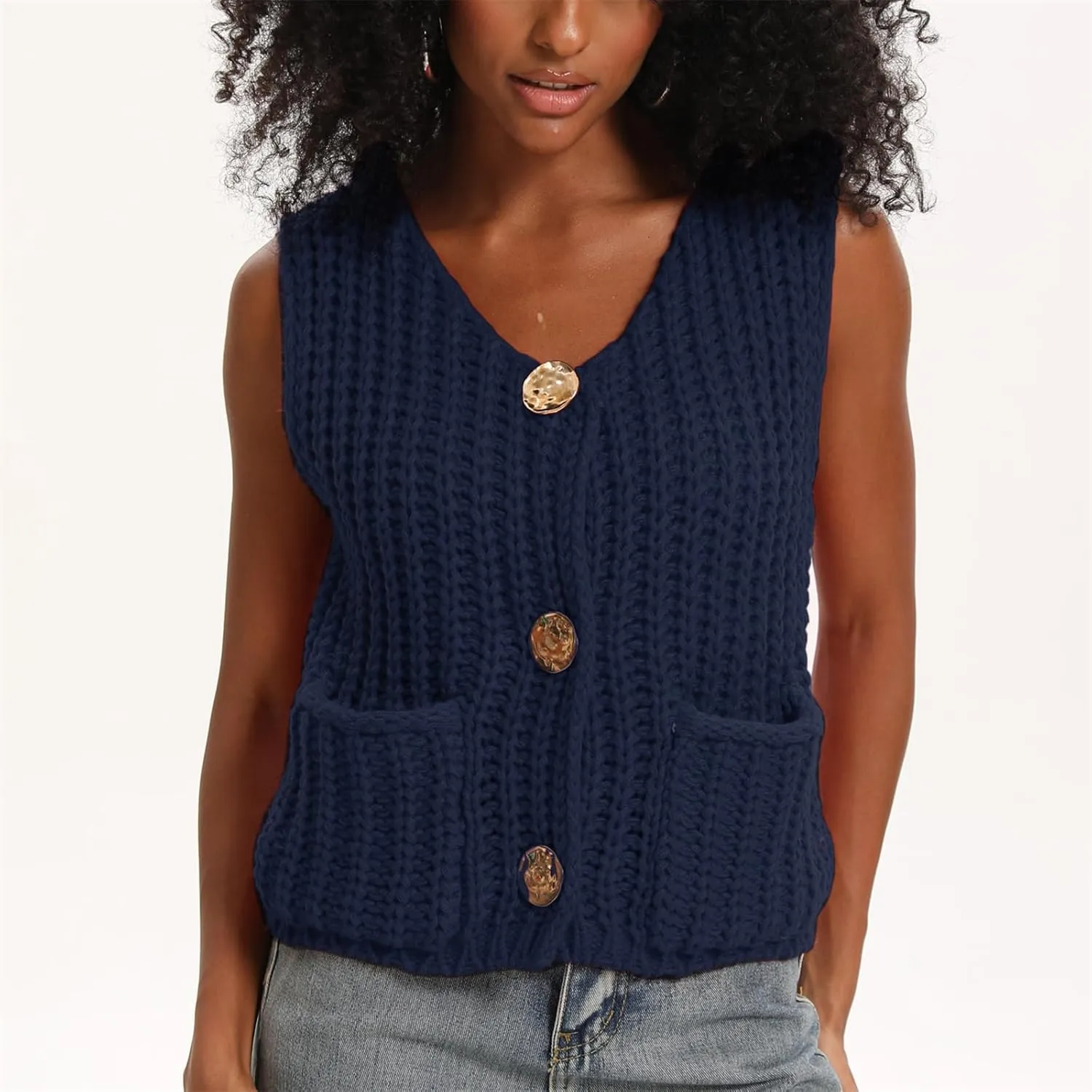 HOULENGS Women's Spring Chunky Sweater Vest 2025 Button Down Sleeveless Knit Top Fashion Cardigan Vest with Pockets