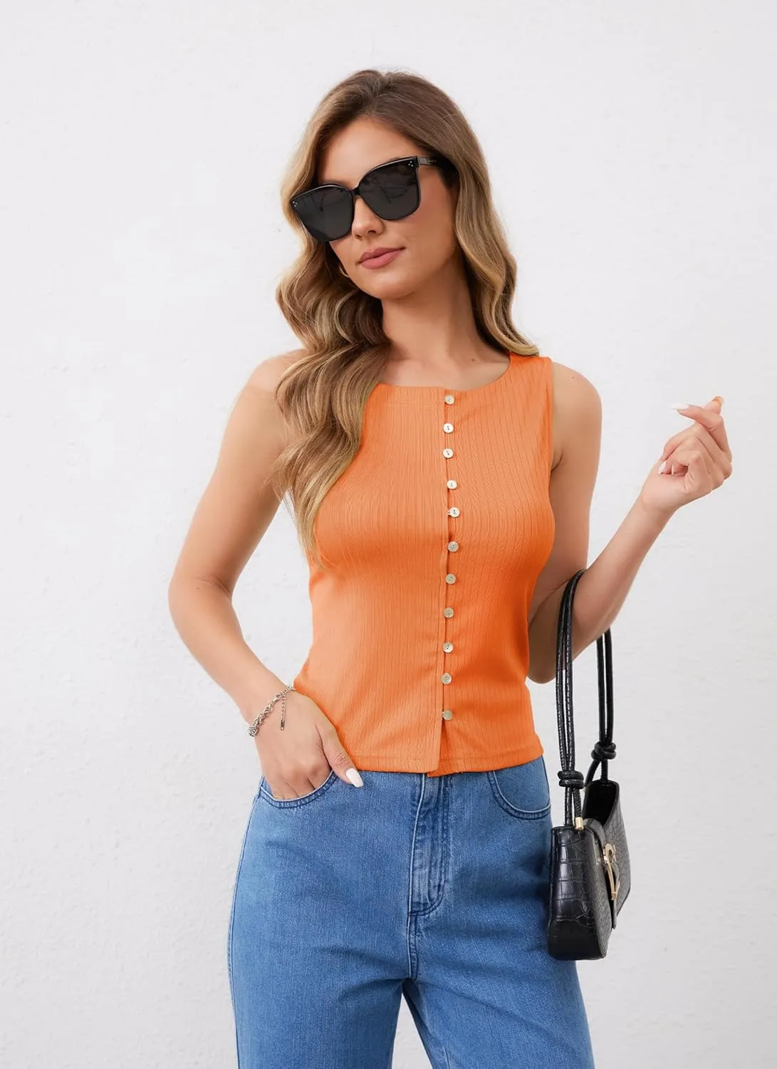 HVT Women Button Down Tank Top Ribbed Knit Sleeveless Crop Tops Casual Slim Fit Y2K Summer Blouse