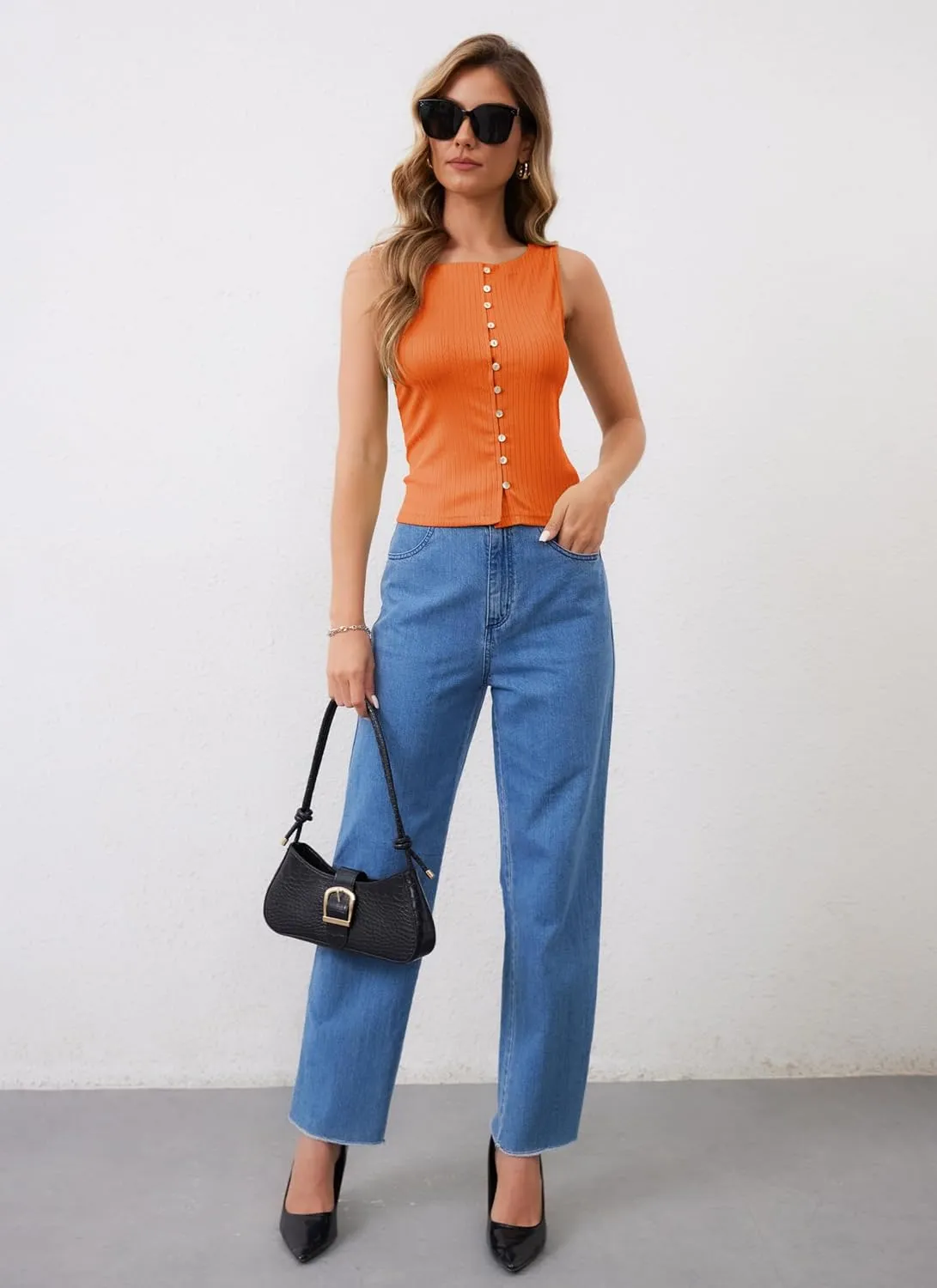 HVT Women Button Down Tank Top Ribbed Knit Sleeveless Crop Tops Casual Slim Fit Y2K Summer Blouse