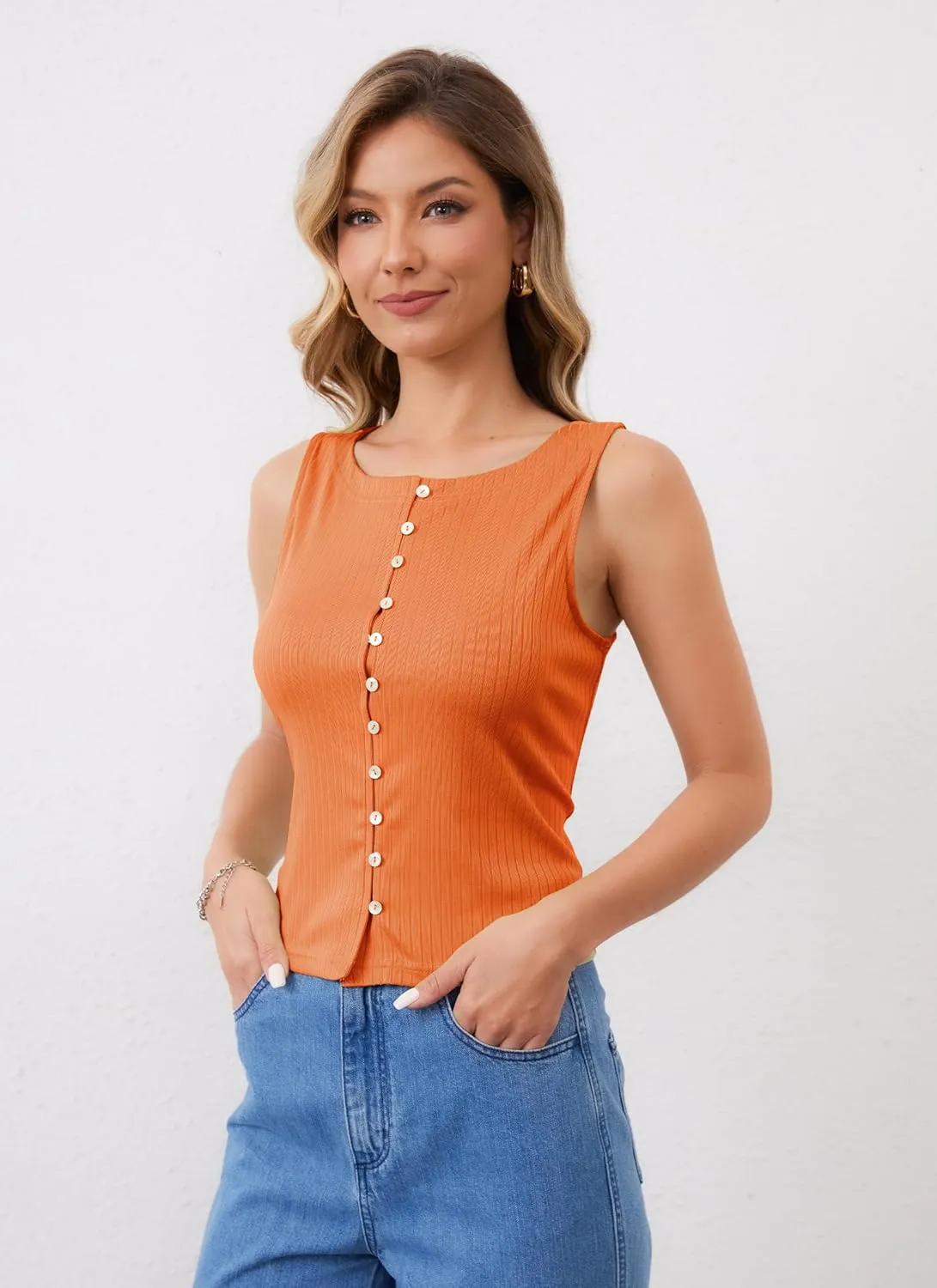 HVT Women Button Down Tank Top Ribbed Knit Sleeveless Crop Tops Casual Slim Fit Y2K Summer Blouse