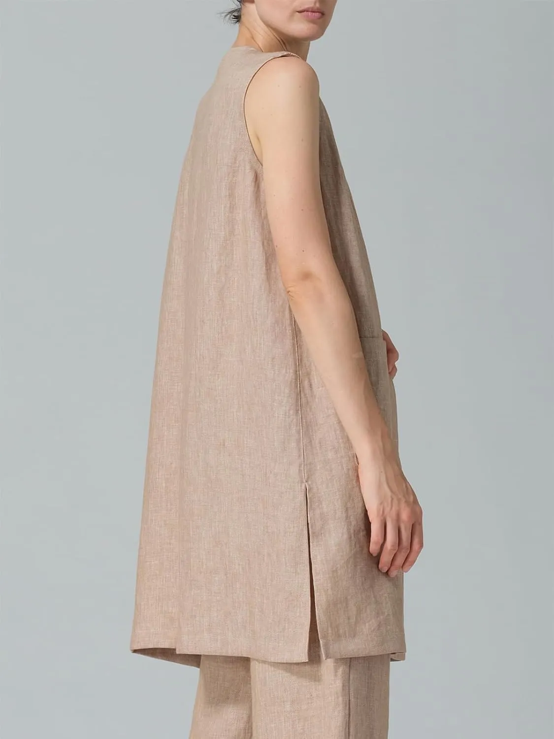 IDEALSANXUN Long Linen Vest for Women Summer Lightweight Sleeveless Blazer Jacket Trench Coat Open Front Cardigan Waistcoat