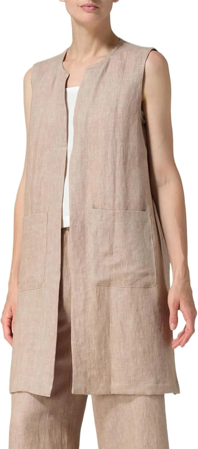 IDEALSANXUN Long Linen Vest for Women Summer Lightweight Sleeveless Blazer Jacket Trench Coat Open Front Cardigan Waistcoat