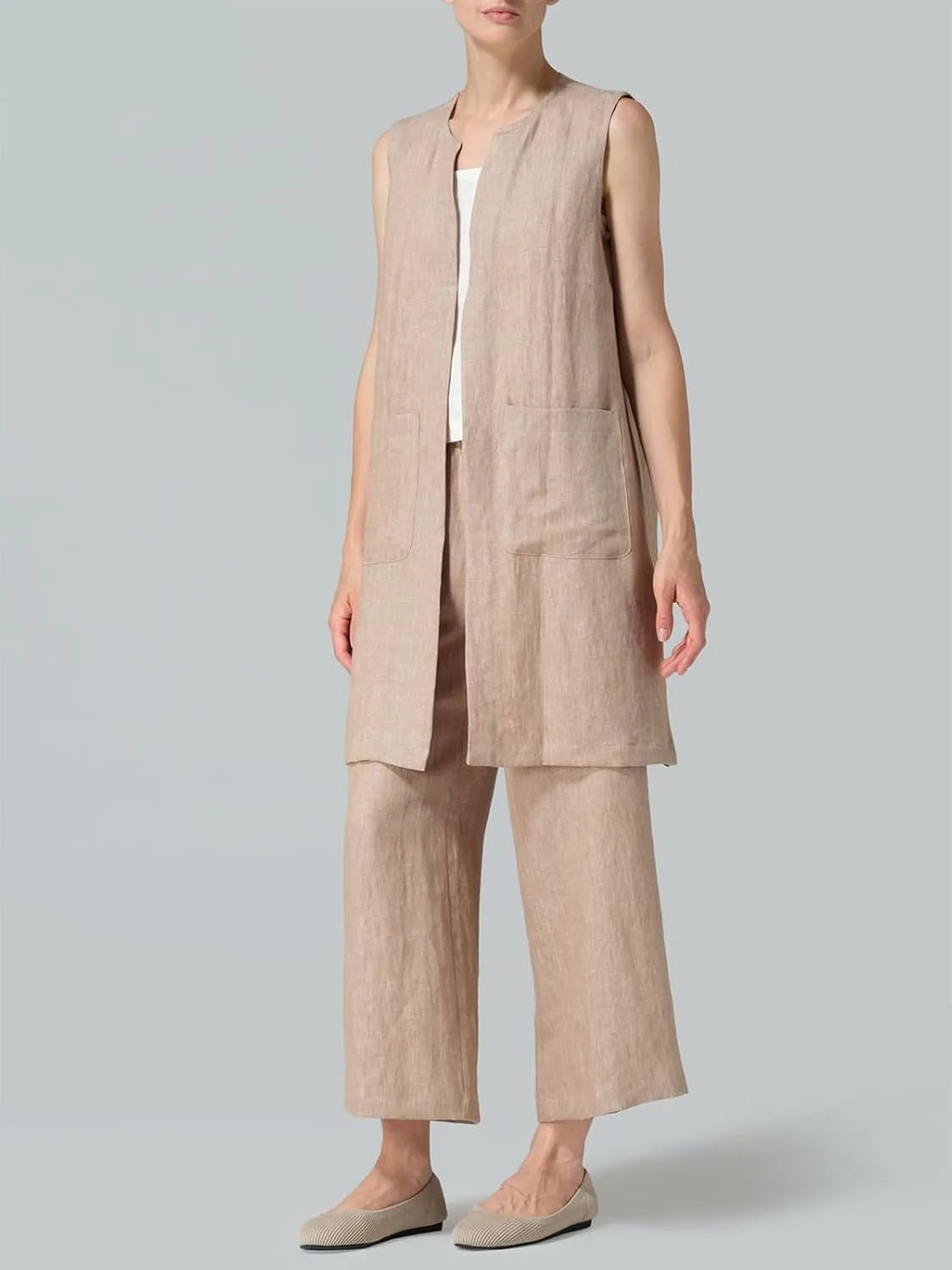 IDEALSANXUN Long Linen Vest for Women Summer Lightweight Sleeveless Blazer Jacket Trench Coat Open Front Cardigan Waistcoat