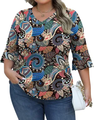 IECCP Womens Plus Size Tops 3/4 Length Sleeve Shirts Casual V-Neck Ruffle Sleeve Textured Tunic Blouse (1X-5X)