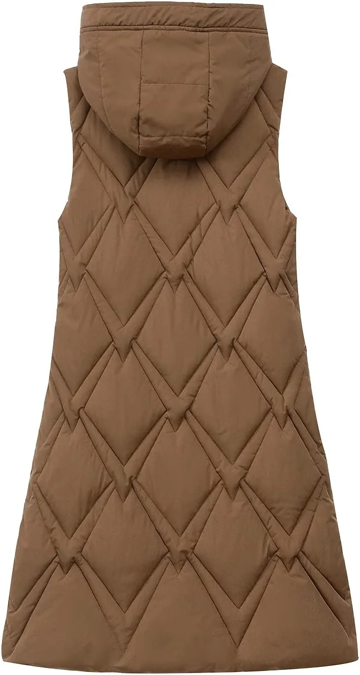 iLH Womens Sleeveless Long Coat Cotton Padded Full Zip Hooded Extra Long Vest with Pocket Windbreaker Jacket Coat for Women