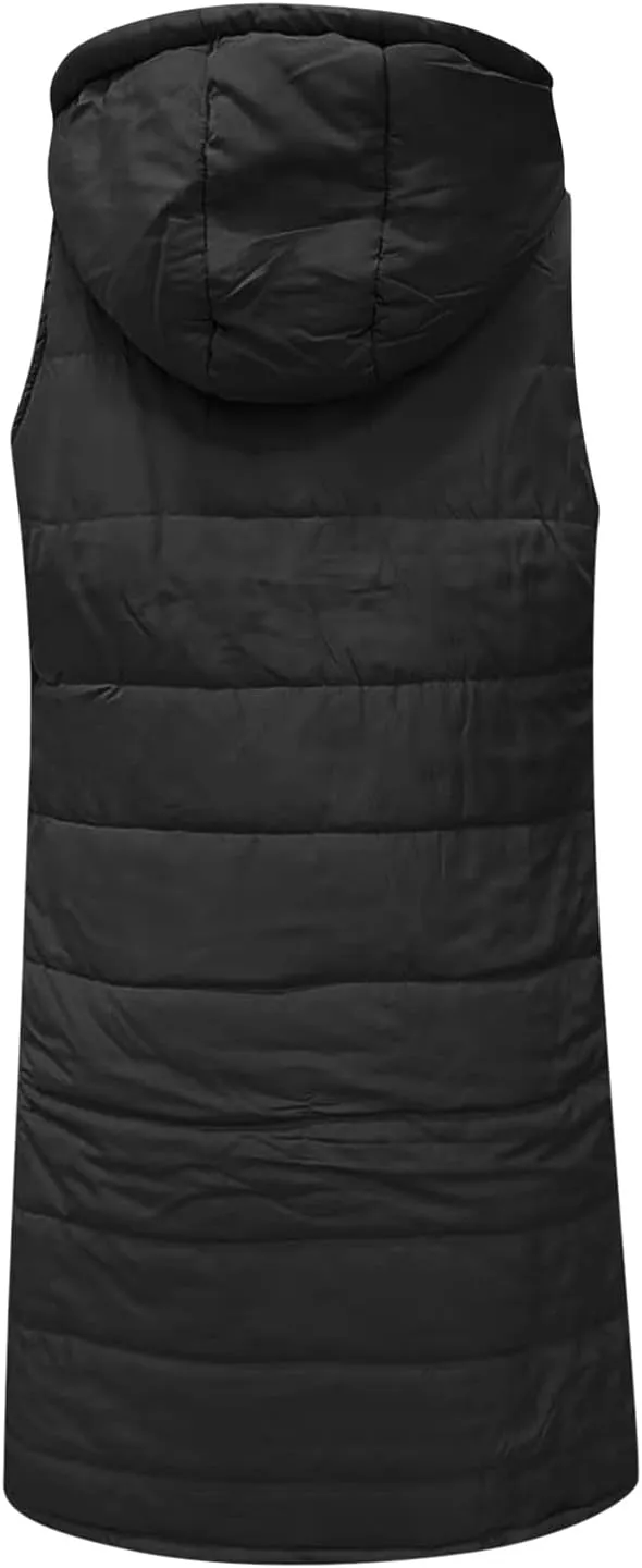 iLH Womens Sleeveless Long Coat Cotton Padded Full Zip Hooded Extra Long Vest with Pocket Windbreaker Jacket Coat for Women