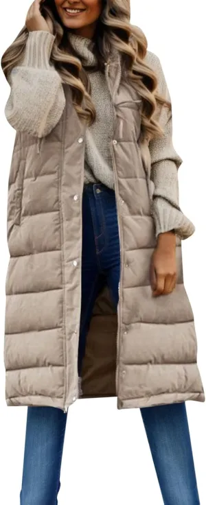 iLH Womens Sleeveless Long Coat Cotton Padded Full Zip Hooded Extra Long Vest with Pocket Windbreaker Jacket Coat for Women