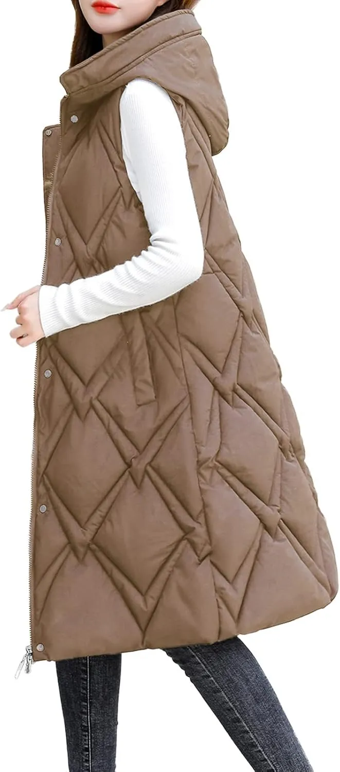 iLH Womens Sleeveless Long Coat Cotton Padded Full Zip Hooded Extra Long Vest with Pocket Windbreaker Jacket Coat for Women