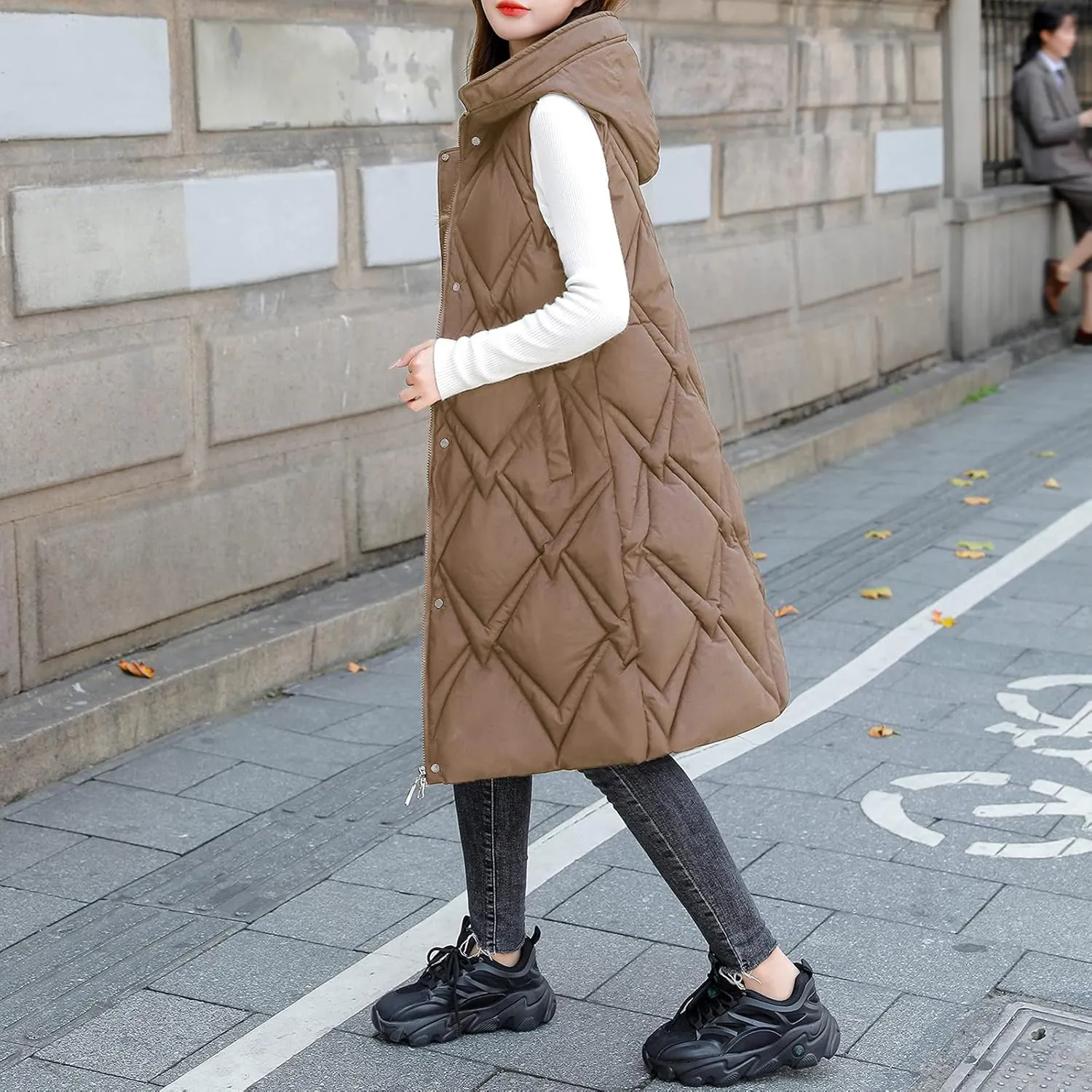 iLH Womens Sleeveless Long Coat Cotton Padded Full Zip Hooded Extra Long Vest with Pocket Windbreaker Jacket Coat for Women
