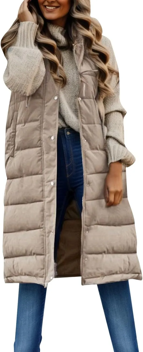 iLH Womens Sleeveless Long Coat Cotton Padded Full Zip Hooded Extra Long Vest with Pocket Windbreaker Jacket Coat for Women