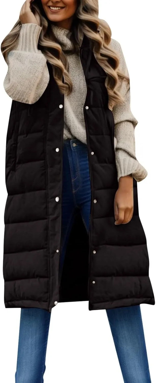 iLH Womens Sleeveless Long Coat Cotton Padded Full Zip Hooded Extra Long Vest with Pocket Windbreaker Jacket Coat for Women