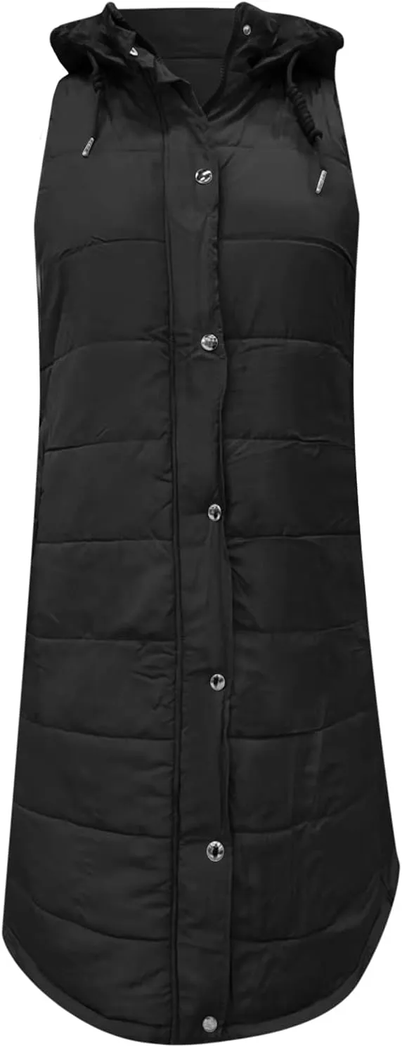 iLH Womens Sleeveless Long Coat Cotton Padded Full Zip Hooded Extra Long Vest with Pocket Windbreaker Jacket Coat for Women