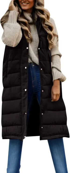 iLH Womens Sleeveless Long Coat Cotton Padded Full Zip Hooded Extra Long Vest with Pocket Windbreaker Jacket Coat for Women