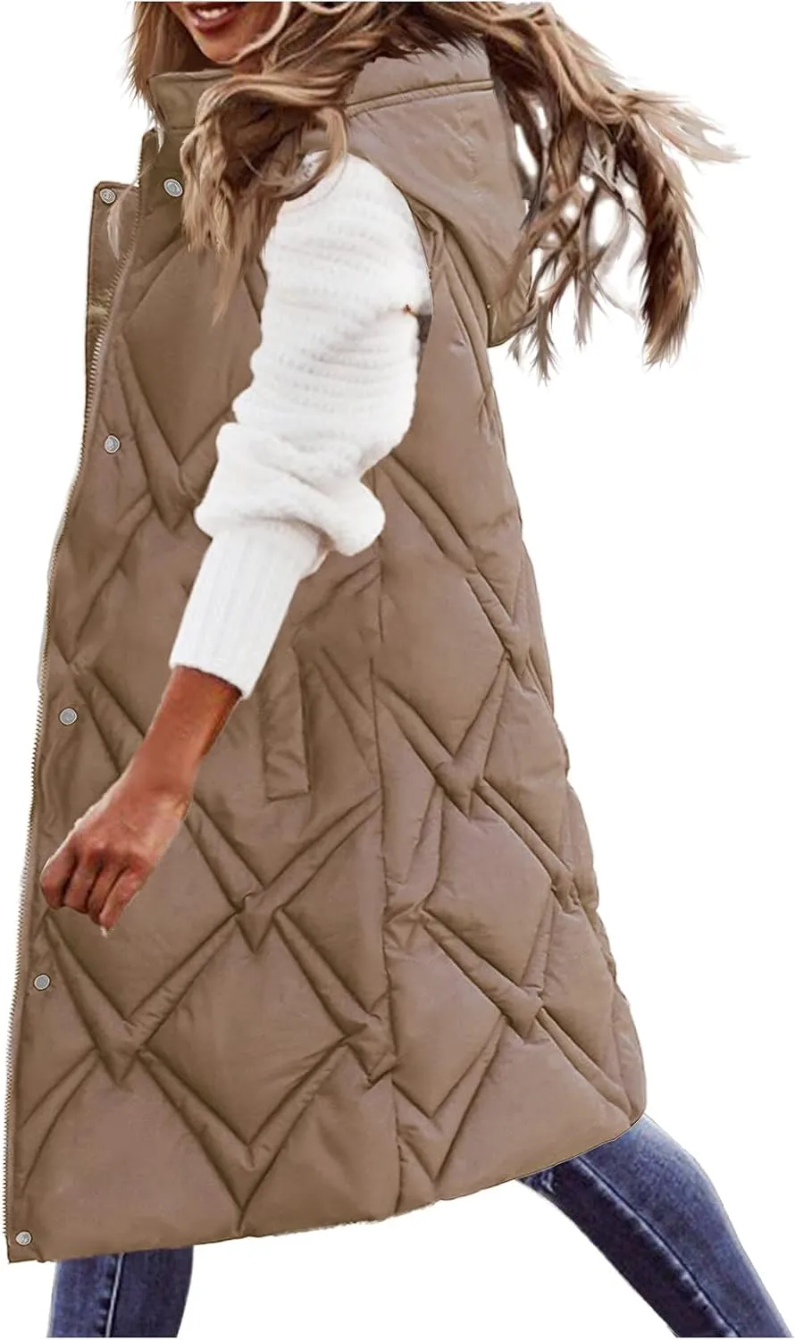 iLH Womens Sleeveless Long Coat Cotton Padded Full Zip Hooded Extra Long Vest with Pocket Windbreaker Jacket Coat for Women