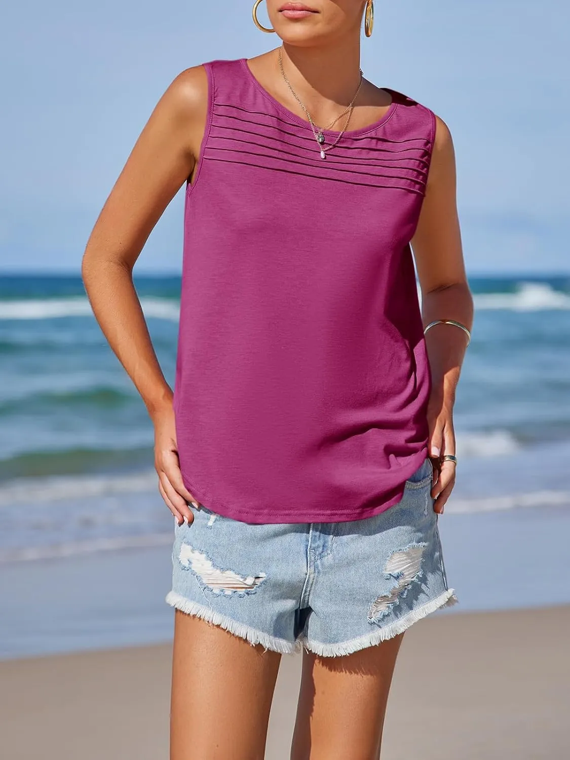 Imily Bela Womens Sleeveless Tank Tops Loose Fit Summer Flowy Dressy Casual Blouse Crewneck Pleated Front Beach Shirts