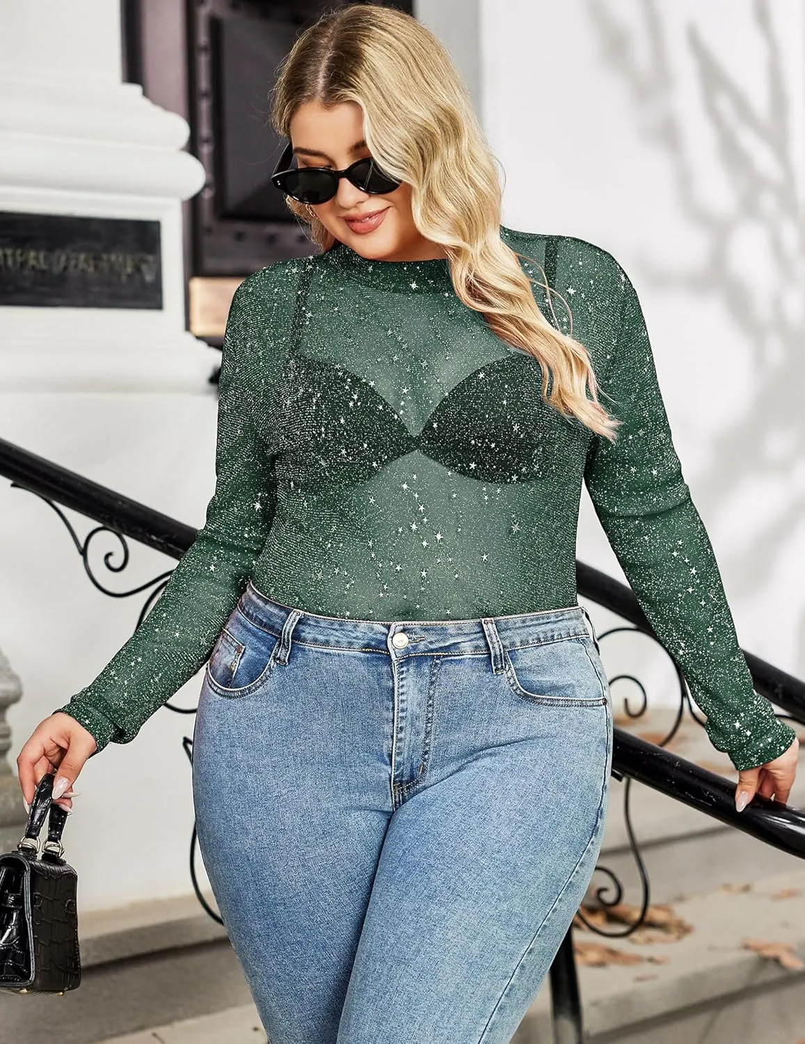 IN'VOLAND Women's Plus Size Glitter Sheer Mesh Top Long Sleeve Shirts Mock Neck See Through T Shirt Clubwear Slim Blouse