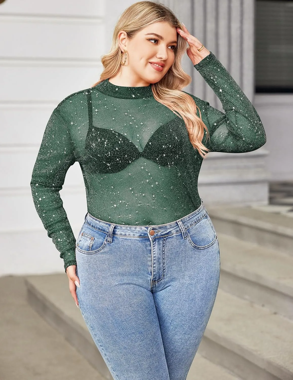 IN'VOLAND Women's Plus Size Glitter Sheer Mesh Top Long Sleeve Shirts Mock Neck See Through T Shirt Clubwear Slim Blouse
