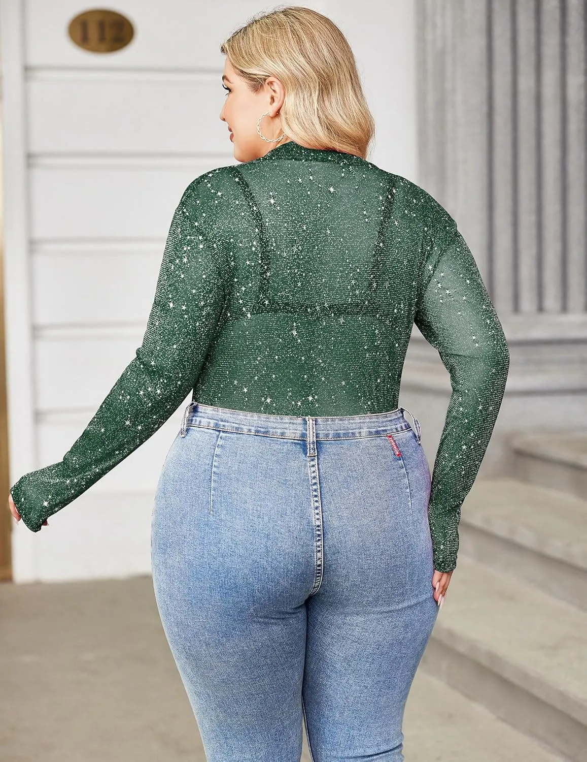 IN'VOLAND Women's Plus Size Glitter Sheer Mesh Top Long Sleeve Shirts Mock Neck See Through T Shirt Clubwear Slim Blouse