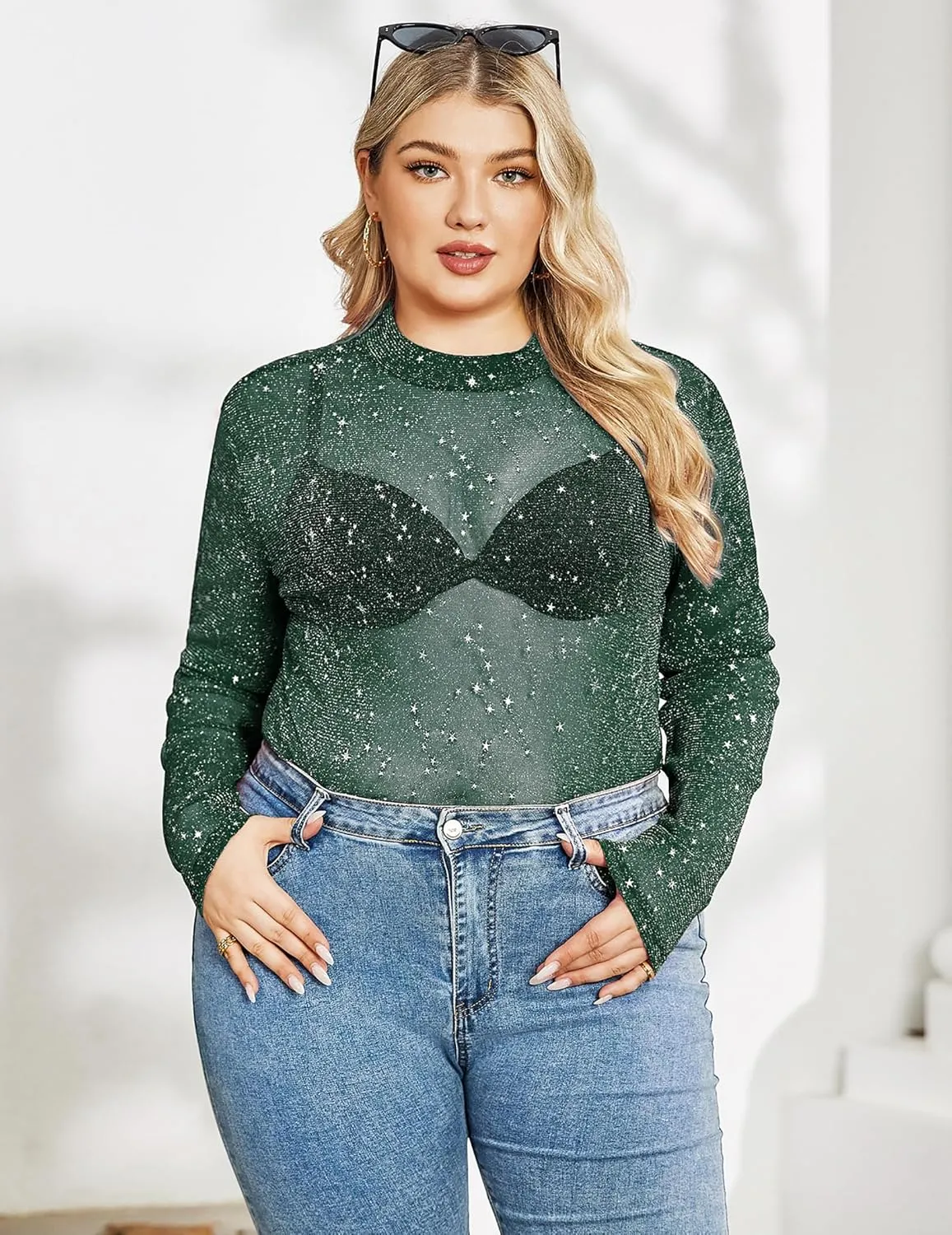 IN'VOLAND Women's Plus Size Glitter Sheer Mesh Top Long Sleeve Shirts Mock Neck See Through T Shirt Clubwear Slim Blouse