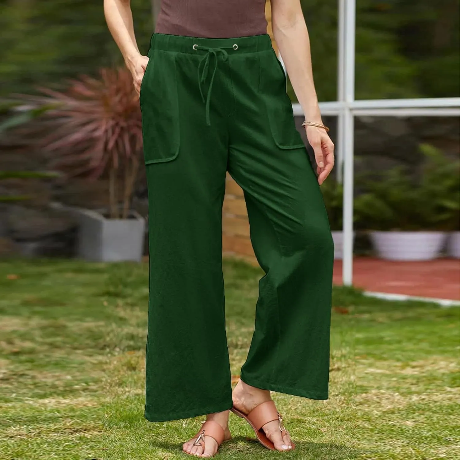 jsaierl Linen Wide Leg Pants for Women Palazzo Pants Summer Flowy Casual Trousers Loose Fit Drawstring Pants with Big Pockets