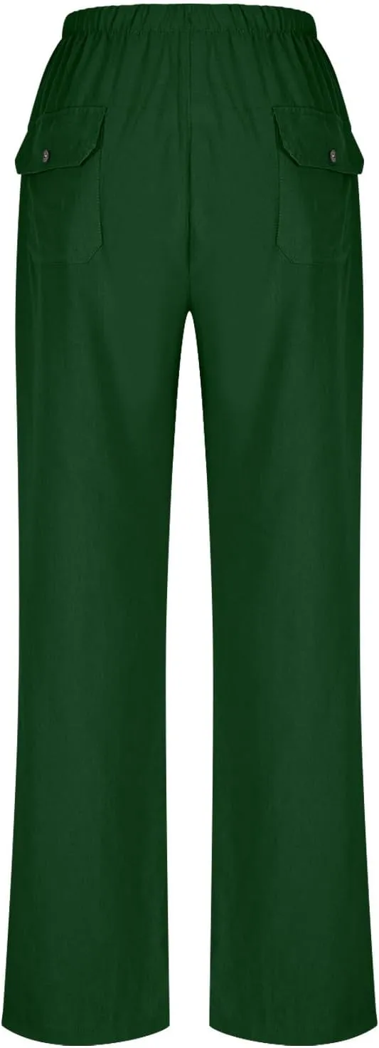 jsaierl Linen Wide Leg Pants for Women Palazzo Pants Summer Flowy Casual Trousers Loose Fit Drawstring Pants with Big Pockets