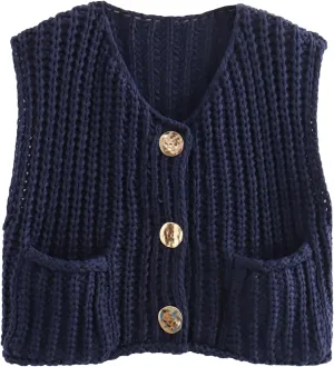 KEOMUD Women's Sleeveless Cropped Knit Cardigan 2025 Casual Button Down Crochet Sweater Vest Tops with Pockets
