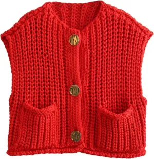 KEOMUD Women's Sleeveless Cropped Knit Cardigan 2025 Casual Button Down Crochet Sweater Vest Tops with Pockets
