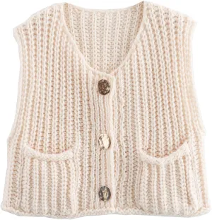 KEOMUD Women's Sleeveless Cropped Knit Cardigan 2025 Casual Button Down Crochet Sweater Vest Tops with Pockets