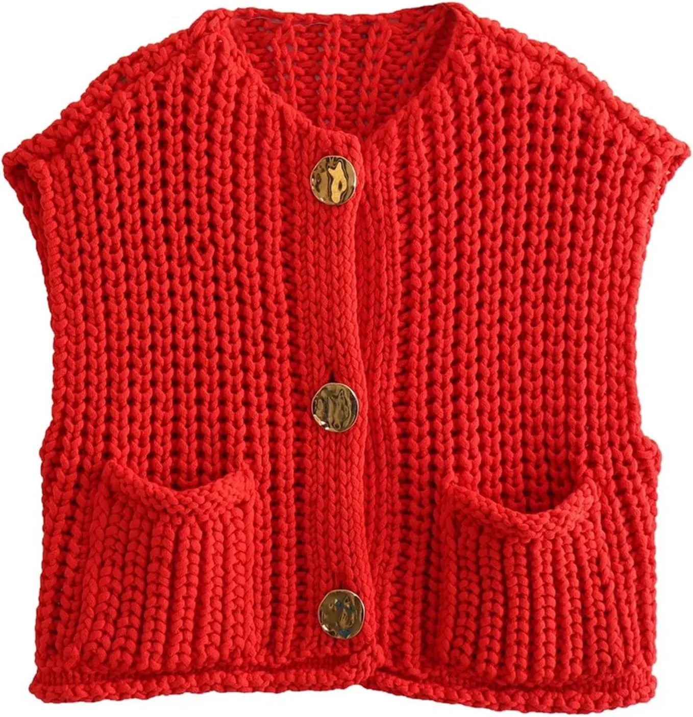 KEOMUD Women's Sleeveless Cropped Knit Cardigan 2025 Casual Button Down Crochet Sweater Vest Tops with Pockets