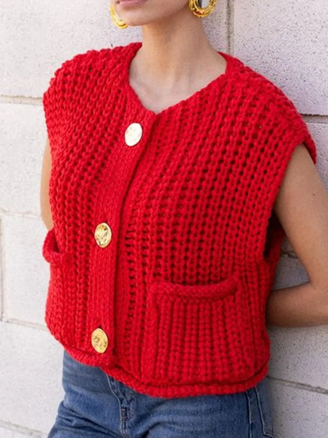 KEOMUD Women's Sleeveless Cropped Knit Cardigan 2025 Casual Button Down Crochet Sweater Vest Tops with Pockets