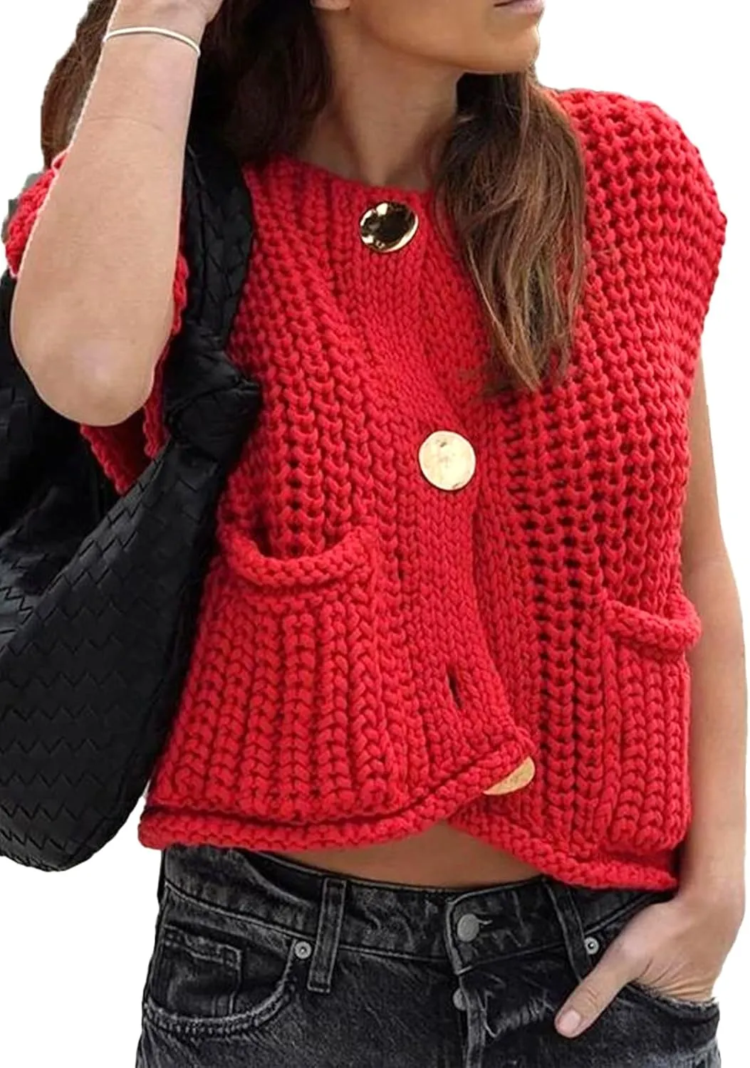 KEOMUD Women's Sleeveless Cropped Knit Cardigan 2025 Casual Button Down Crochet Sweater Vest Tops with Pockets