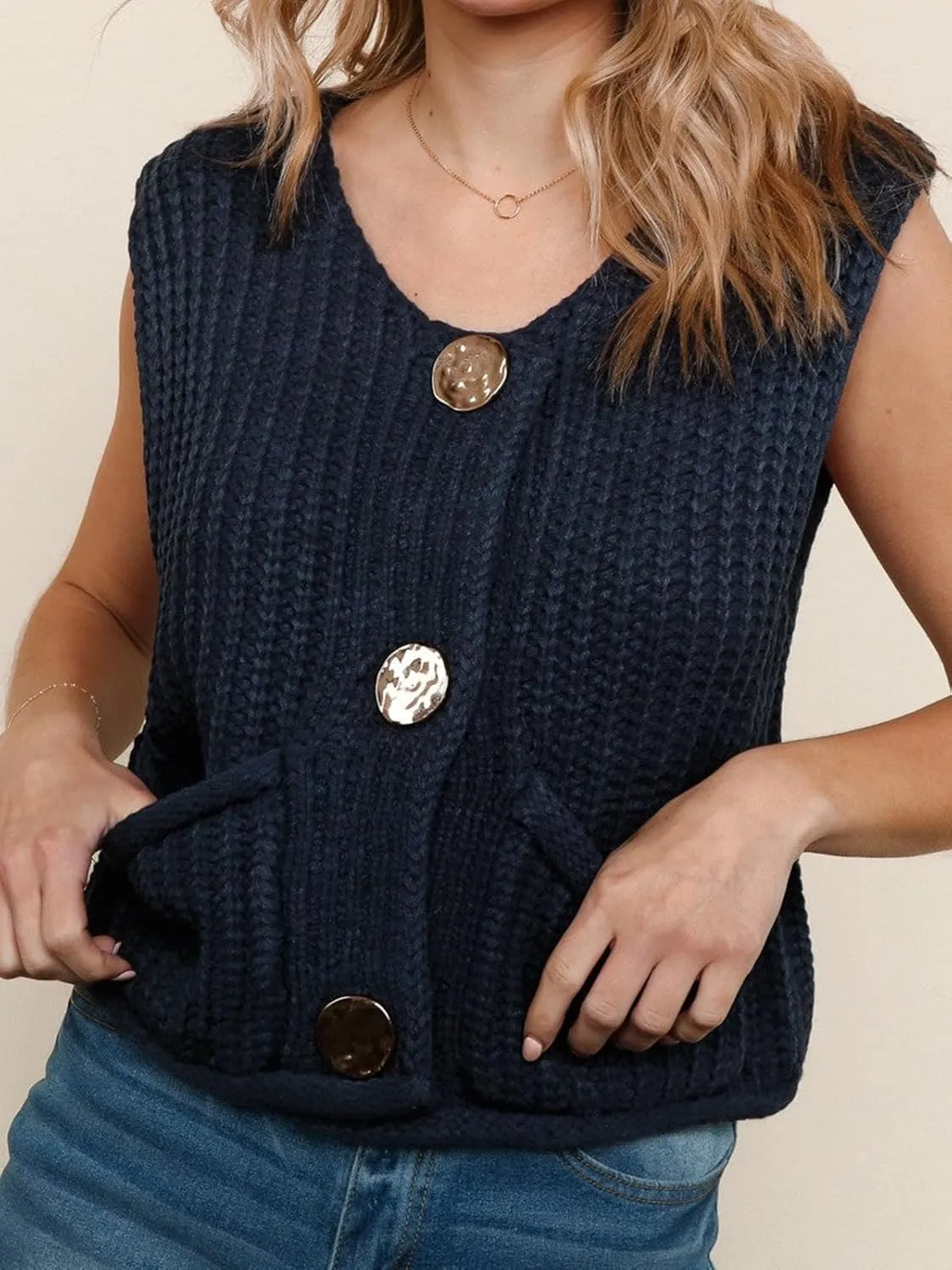 KEOMUD Women's Sleeveless Cropped Knit Cardigan 2025 Casual Button Down Crochet Sweater Vest Tops with Pockets